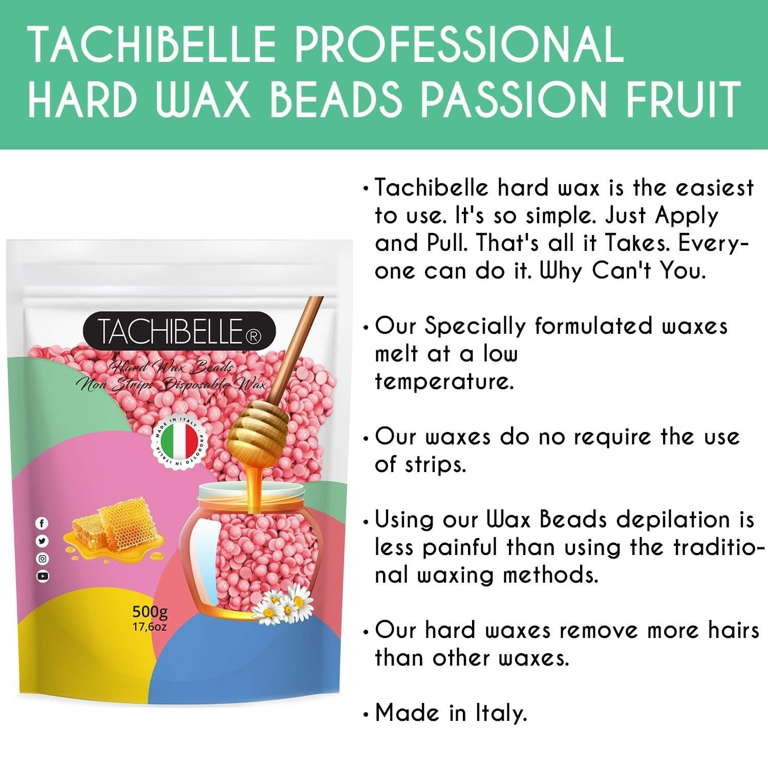 Easy to Use Hard Wax Beans, Hair Removal Full Body Brazilian Bikini Beads Waxing for Sensitive Skin Face Bikini Legs Eyebrow 500g/1.1 lb Made In Italy 2 Count